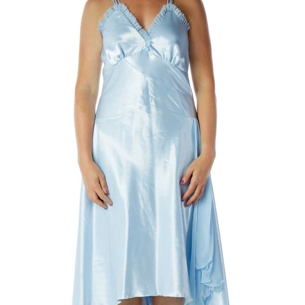 Neblon Blue Satin V-Neck Evening Dress